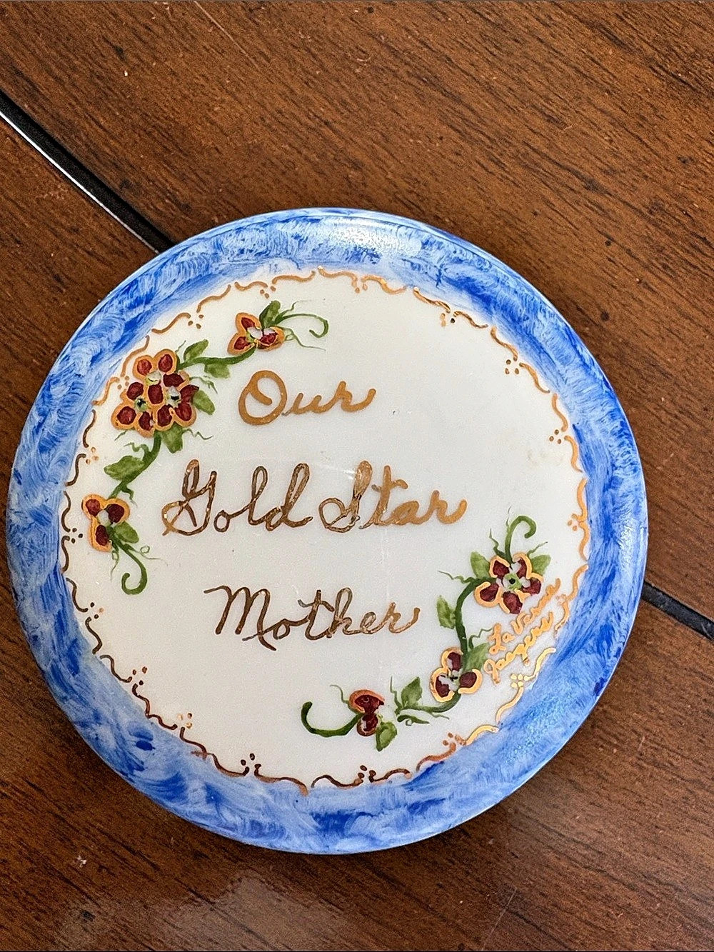 Gold Star VFW vintage Hand-Painted, and signed, Floral Dish